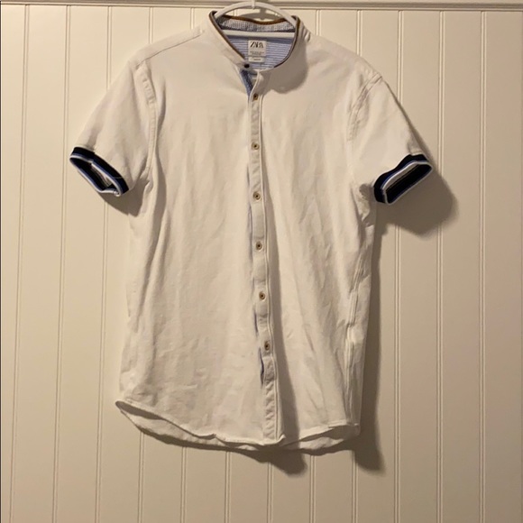 collarless dress shirt zara Zara Men's Shirt Collarless Henley Style Quarter Button Up Blue Medium